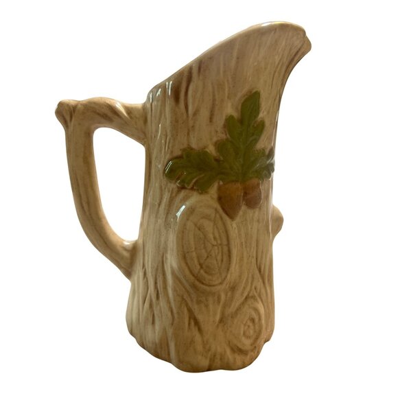 Vintage MCM Ceramic Tree Stump Trunk Pitcher Acorn Mushroom Design 7" tall 2 Cup - Picture 3 of 5